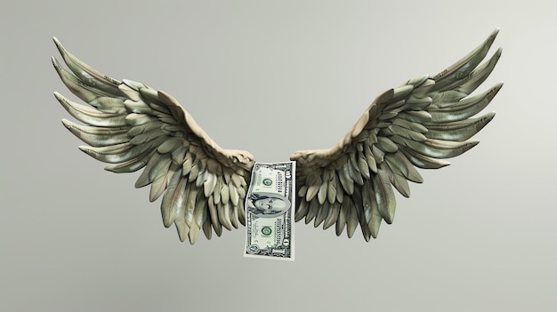 Foto ilustración 3d de un billete de cien dólares con alas de ángel el billete está en el centro del marco con las alas extendidas a cada lado