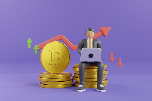 Ilustración 3d de bitcoin con flechas arriba y abajo. Tendencia del mercado alcista o bajista en moneda criptográfica