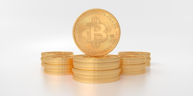 Ilustración 3d de un bitcoin de oro sobre un fondo blanco.