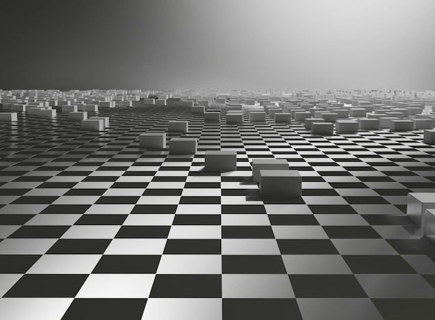 Ilustración 3d de bloques rectangulares blancos sobre superficie cuadriculada en blanco y negro y g gris