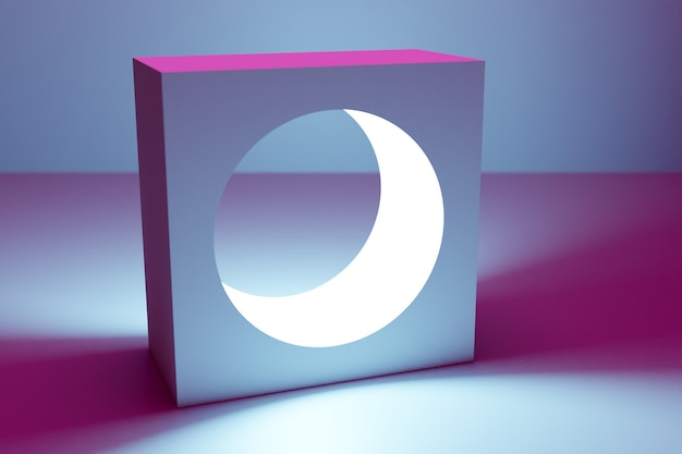 Ilustración 3d bodegón clásico con una figura geométrica volumétrica, un cuadrado con un agujero redondo en el interior con una sombra debajo de un color neón azul-rosa