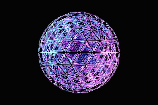 Ilustración 3D de una bola de iluminación rosa con muchos cristales de cara esparcidos sobre un fondo negro Esfera de bola cibernética