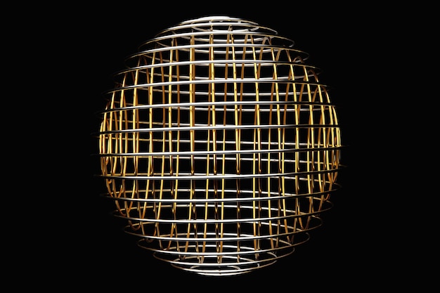 Ilustración 3D de una bola de metal dorado con muchas caras sobre un fondo negro Esfera de bola cibernética