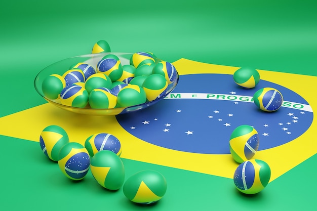 Ilustración 3d de bolas con la imagen de la bandera nacional de Brasil