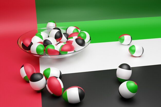 Ilustración 3d de bolas con la imagen de la bandera nacional de los Emiratos Árabes Unidos.