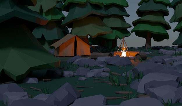 Ilustración 3D del bosque de viaje de la hoguera de acampada