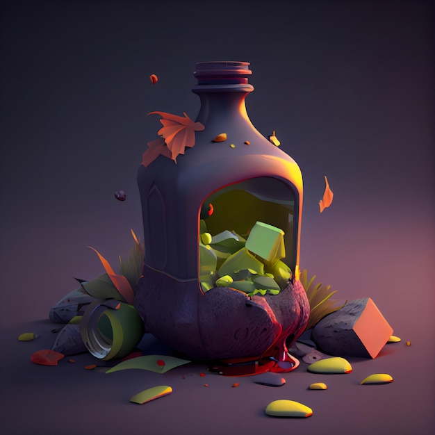 Ilustración 3d de una botella con aceite derramado sobre un fondo oscuro