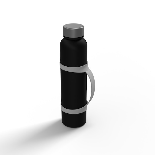 Ilustración 3D de botellas de agua de metal negro mate con empuñadura de silicona blanca