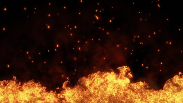 Ilustración 3D Brasas ardientes Partículas brillantes de fuego brillante sobre fondo negro