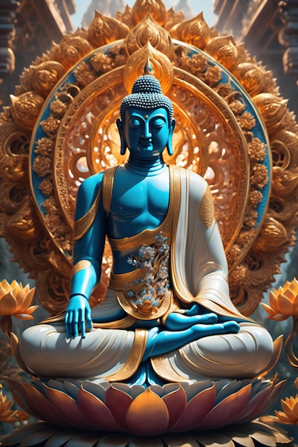 Ilustración en 3D de Buda sentado en un fondo de roca de flor de loto