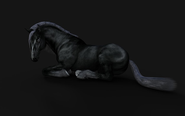 Ilustración 3D de caballo negro con melena negra sobre fondo negro con trazado de recorte