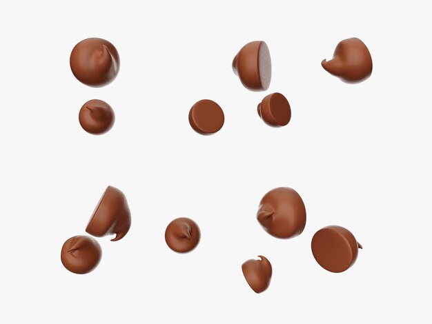 Ilustración 3d de caer bocados de chispas de chocolate o pila de gotas aisladas sobre fondo blanco