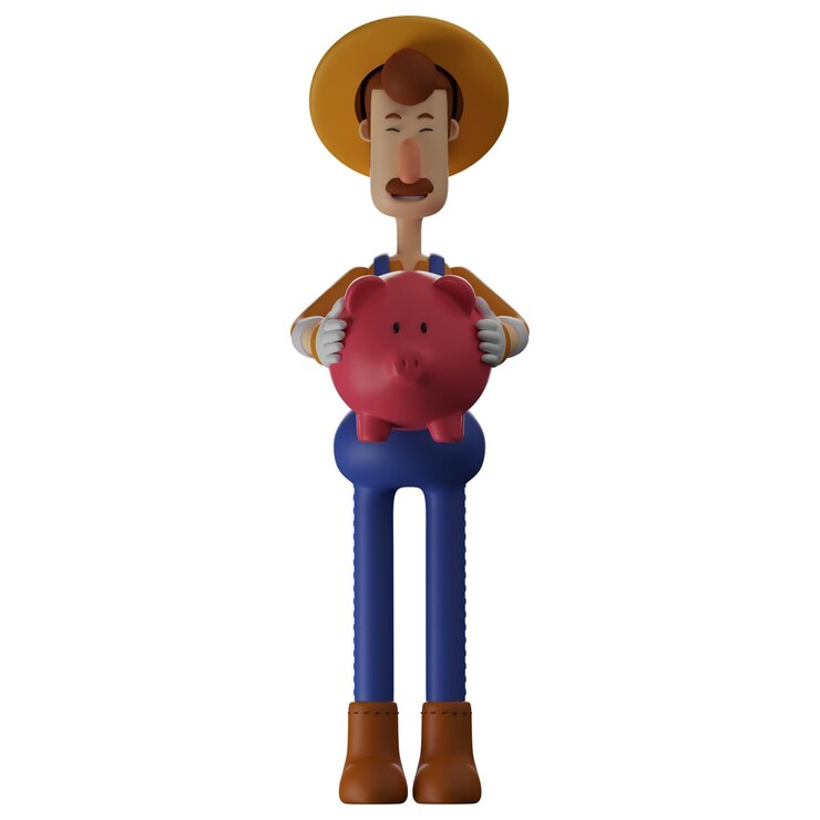 Foto ilustración 3d caja de almacenamiento de cerdos 3d personaje de dibujos animados de granjero en una postura de pie con una risa divertida