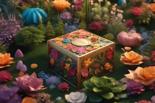 Ilustración 3D de una caja de madera con adornos florales en el jardín