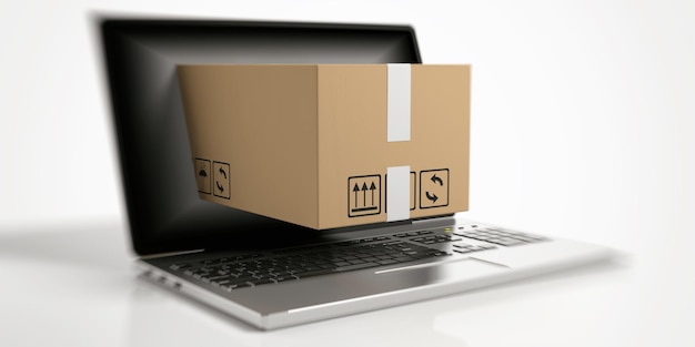 Ilustración 3D de una caja en movimiento fuera de una computadora portátil