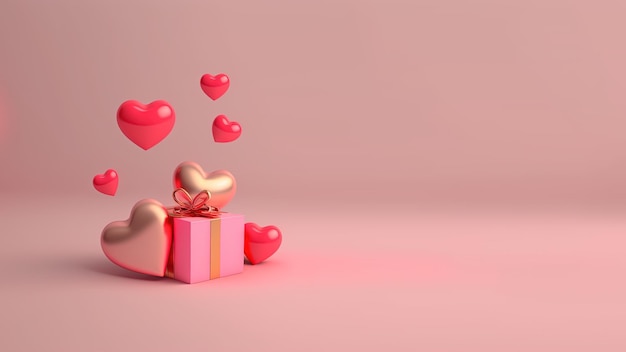Ilustración 3d de caja de regalo y corazón aislado sobre fondo rosa con espacio de copia