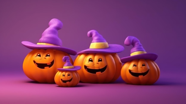 Ilustración 3D de calabaza de Halloween con sombrero de bruja