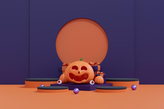 Ilustración 3D de calabaza sonriente para exhibición de productos festivos Celebración de otoño Concepto de fiesta de Halloween JackOLantern