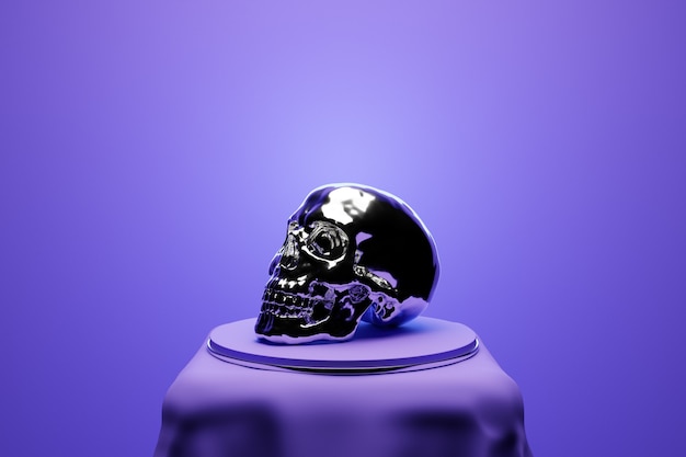 Ilustración 3d de una calavera de cristal sobre un pedestal debajo de una tela púrpura sobre un fondo monocromo. Concepto de arte del cráneo.