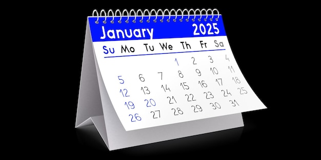 Ilustración 3D del calendario de mesa de enero de 2025