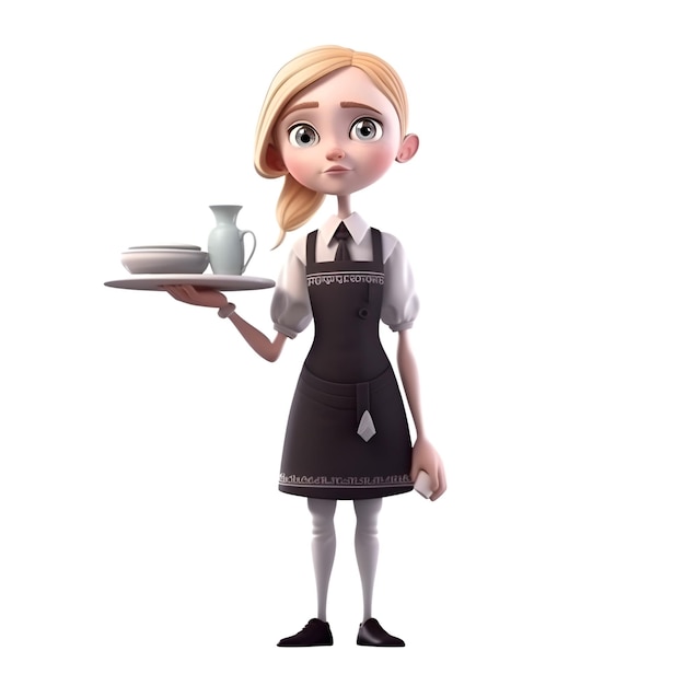 Ilustración 3D de una camarera con una bandeja y una taza