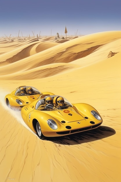 Ilustración en 3D de un camino del desierto con un coche