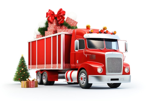 Ilustración 3D de un camión retro rojo de Navidad que transporta decoraciones navideñas y un abeto de Año Nuevo