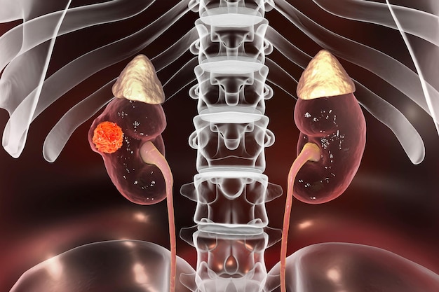 Ilustración 3D de cáncer de riñón que muestra la presencia de un tumor canceroso dentro del tejido renal