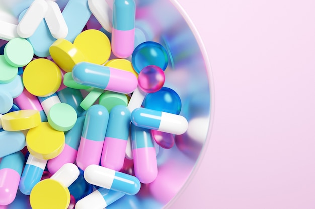 Ilustración 3d cápsulas de colores pils con medicina en un vaso grande sobre fondo de color rosa