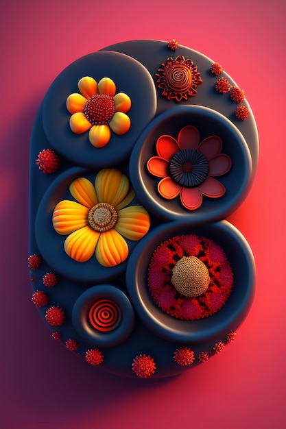 Ilustración 3d de cara abstracta hecha de flores y hojas renderizado 3d
