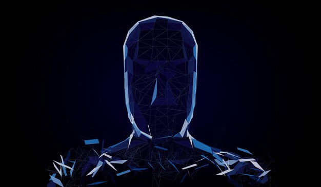 Ilustración 3D de la cara del hombre con marco de alambre geométrico