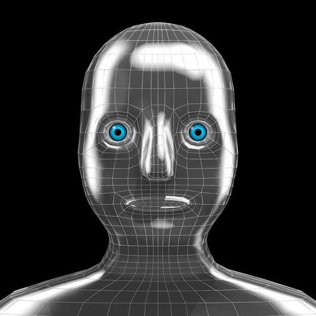 Foto ilustración 3d de cara de robot humanoide de metal brillante