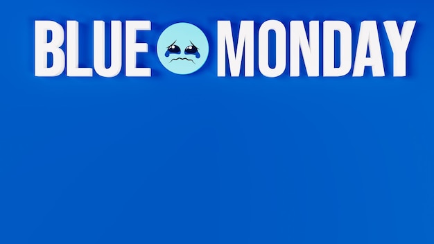 Ilustración 3D de cara triste y texto azul del lunes como el tema de depresión del día más triste del año