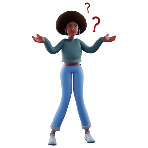 Ilustración 3D La caricatura del personaje 3D Afro Girl tiene muchas preguntas con muchos signos de interrogación