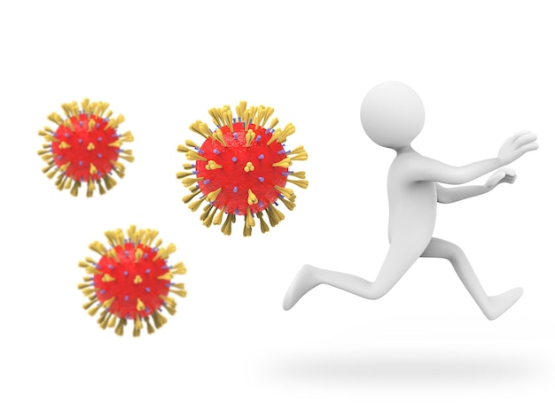 Ilustración 3D de un caricaturista huyendo de virus - Corona virus persiguiendo al hombre