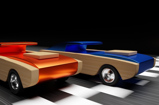 Ilustración 3D de carreras de coches con coches para niños Lucha en la línea de meta de dos niños de carreras