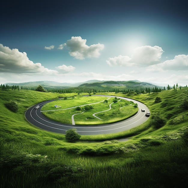 Ilustración 3D de una carretera acircular con campo de hierba en el diseño publicitario de automóviles y neumáticos del medio