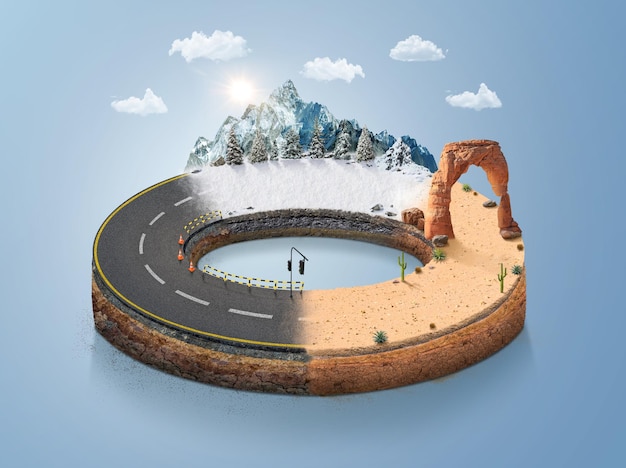 Ilustración 3D de la carretera del círculo infinito del camino del círculo isométrico con el desierto y el bosque nevado aislado