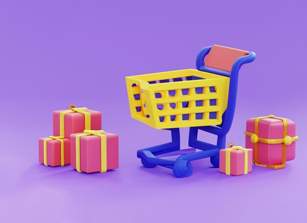 Ilustración 3D del carrito de compras de cajas de paquetes