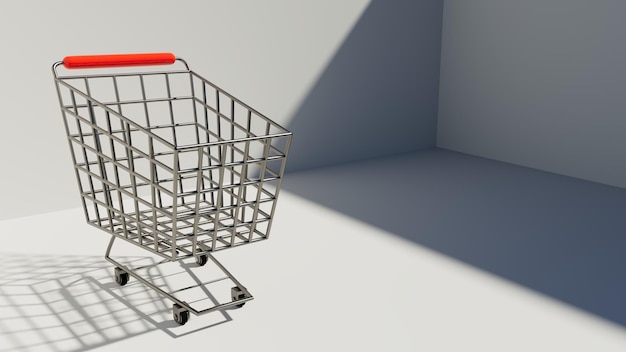 Ilustración 3d de un carrito de compras vacío en un escenario blanco utilizable para el comercio