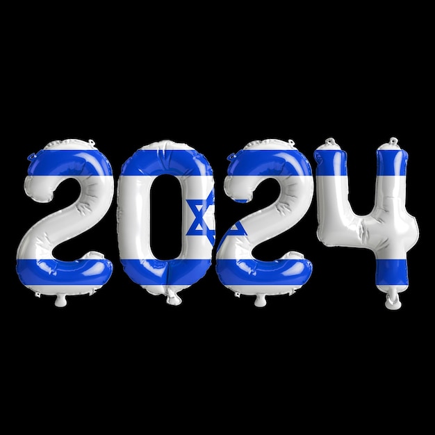 Foto ilustración 3d de carta sobre el año nuevo 2024 con globos en color bandera de israel