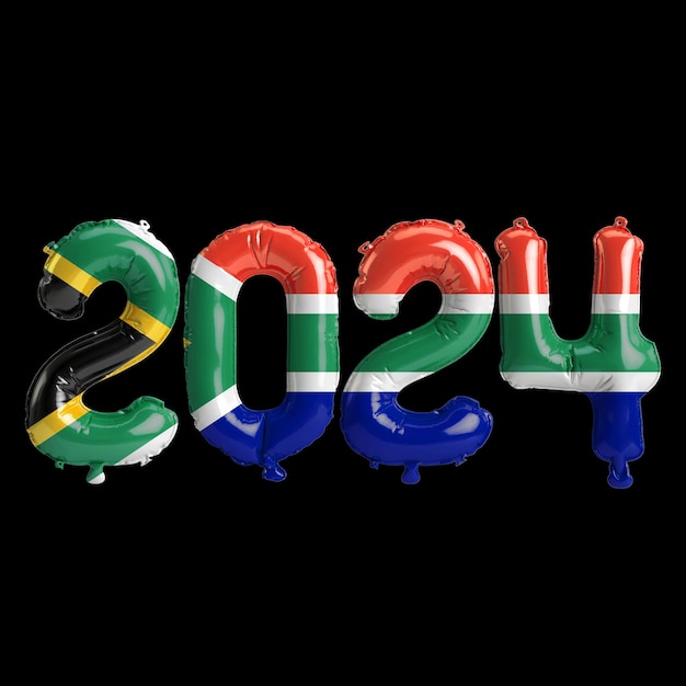 Foto ilustración 3d de carta sobre el año nuevo 2024 con globos en color bandera de sudáfrica