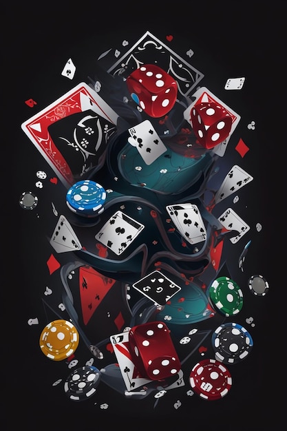 Ilustración 3D de cartas de juego, fichas y dados en fondo negro