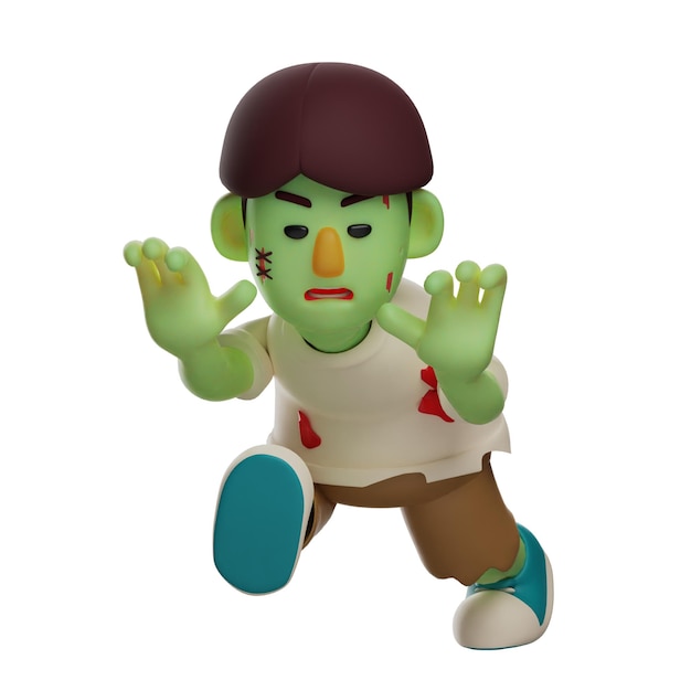 Ilustración 3D Cartoon Zombie 3D en extrañas poses con una expresión de movimiento aterrador tanto