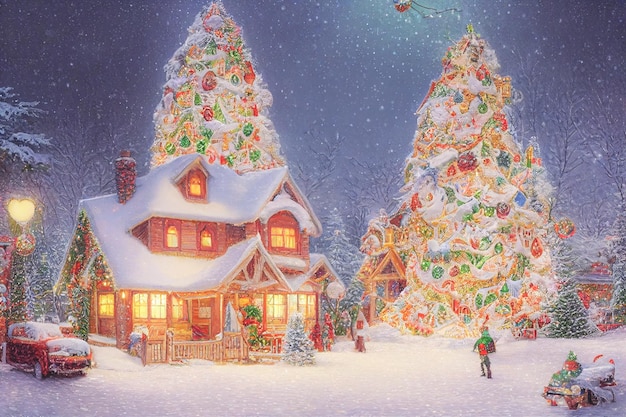 Ilustración 3D de una casa del árbol de Navidad con adornos y luces de colores rodeada de nieve