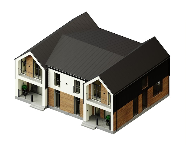 Ilustración 3d Casa escandinava urbana gris moderna con terraza Moderno barrio modelo de barrio de la ciudad