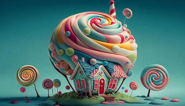 Una ilustración 3d de una casa hecha de dulces.