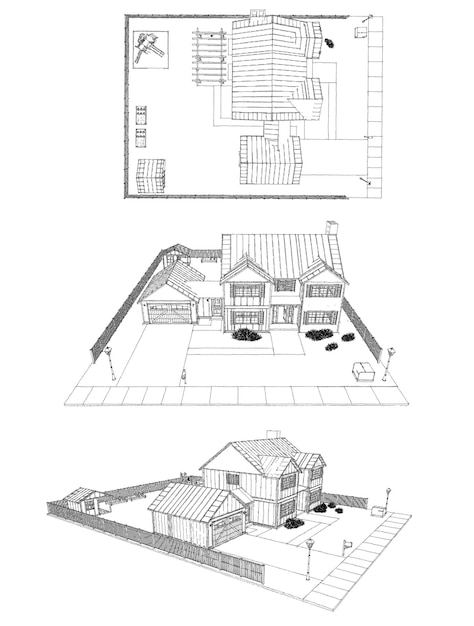 Ilustración 3d Casa moderna con jardín y garaje renderizado 3d