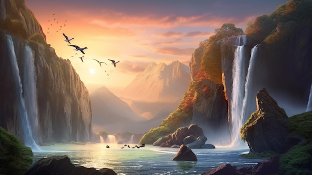 Ilustración 3d de cascada y pájaro del bosque