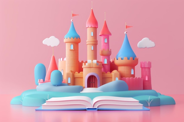 Ilustración 3D del castillo y el concepto del libro de cuentos de hadas en el fondo